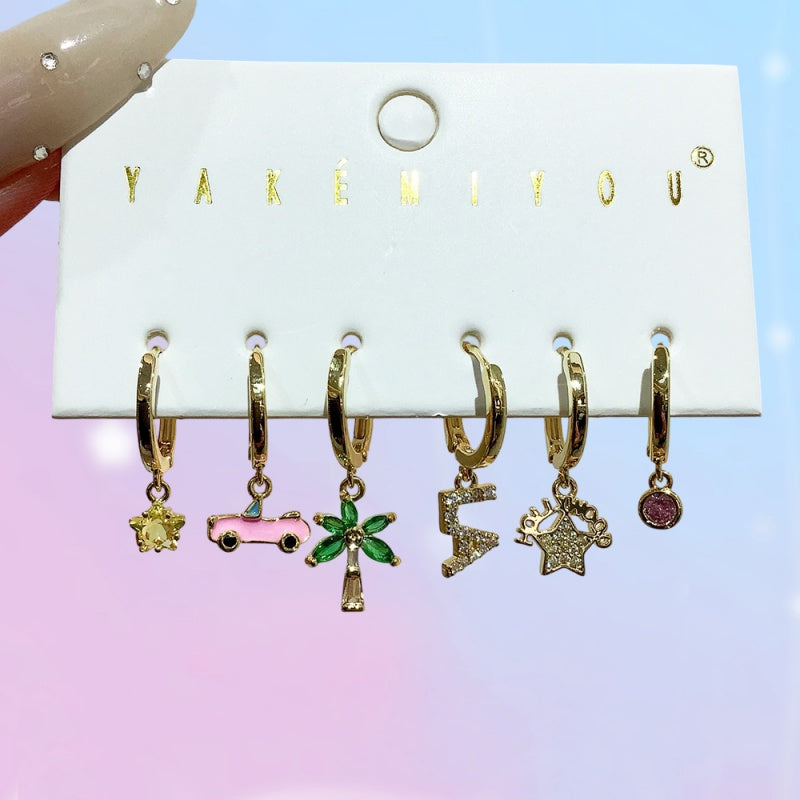 Gold Copper Inlaid Zircon Oil Drop Los Angeles Combination Earrings 6-piece Set
