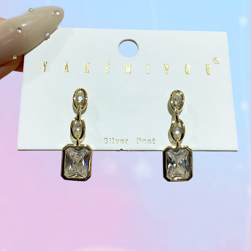 Gold Copper Inlaid Zircon Square Earrings