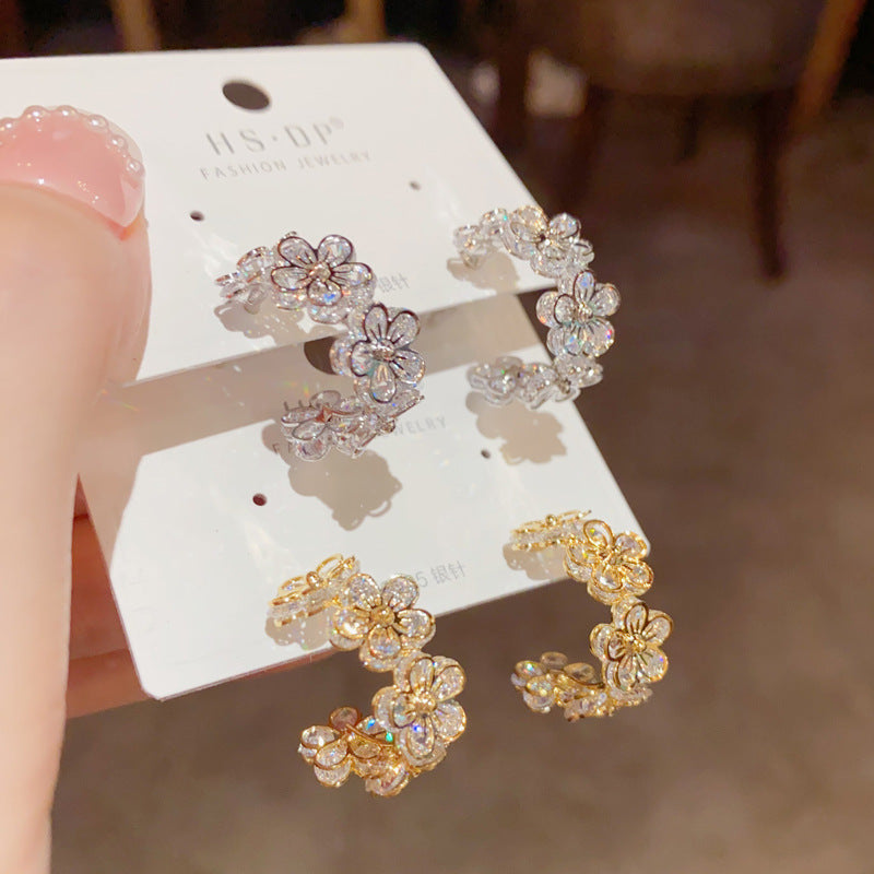 Gold Copper Inlaid Zirconium Flower Earrings