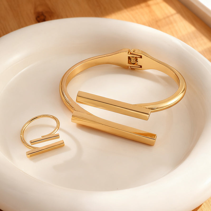Gold Copper Irregularly Opened Bangle And Ring Set
