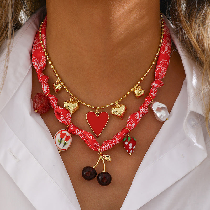 Gold Copper Oil-drip Heart Bead Necklace