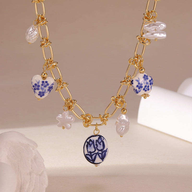 Gold Copper Print Ceramic Pendant Necklace