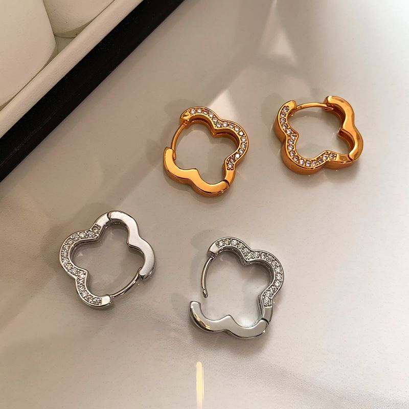 Gold Gold-plated Copper And Diamond-encrusted Four-leaf Clover Earrings