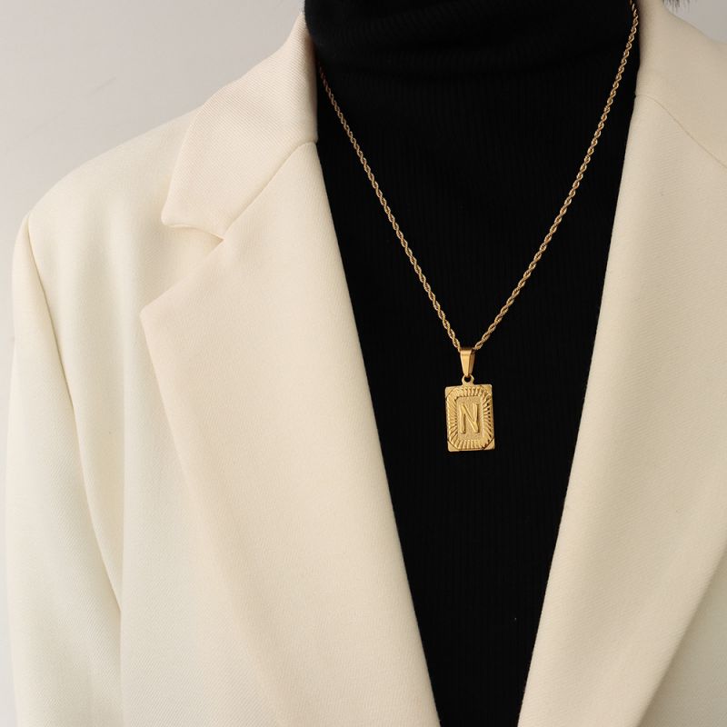 Gold Letter A Necklace 50cm Titanium Steel 26 Letter Square Necklace