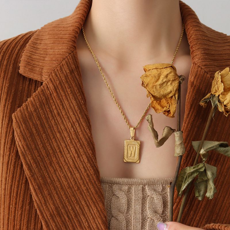 Gold Letter A Necklace 50cm Titanium Steel 26 Letter Square Necklace