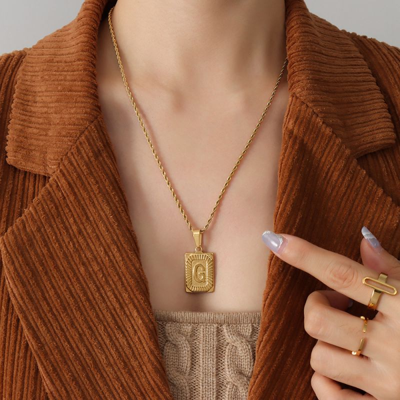 Gold Letter A Necklace 50cm Titanium Steel 26 Letter Square Necklace