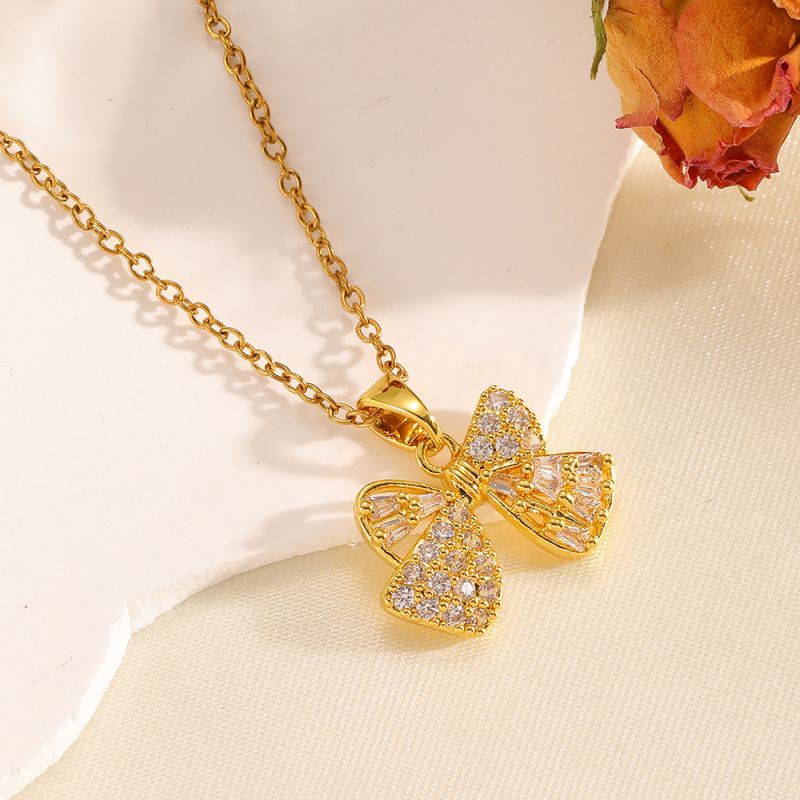 Gold Necklace 304 Stainless Steel Hollow Double-layer Bow Necklace