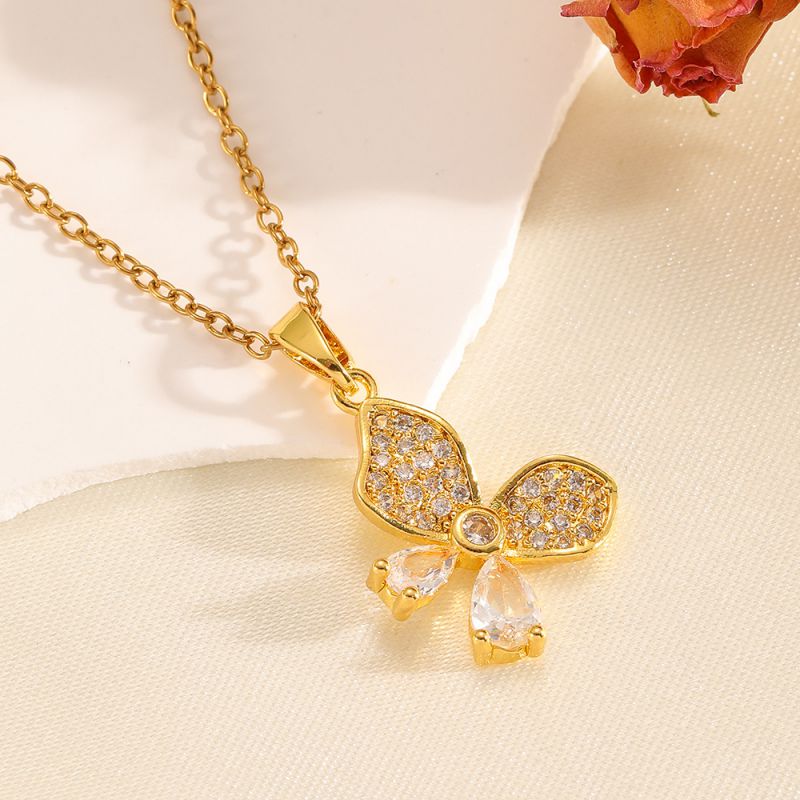 Gold Necklace 304 Stainless Steel Hollow Double-layer Bow Necklace