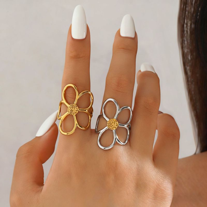 Gold Openwork Petal Ring Stainless Steel Flower Ring