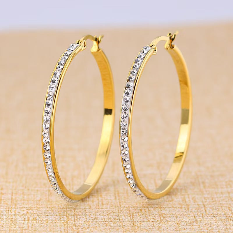 Gold Outer Diameter 40mm Titanium Steel Round Earrings With Diamonds