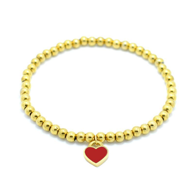 Gold Red Stainless Steel Glue Heart Beaded Bracelet