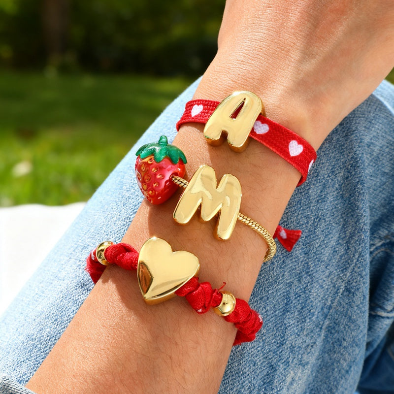 Gold Resin Strawberry Letter M Copper Bracelet