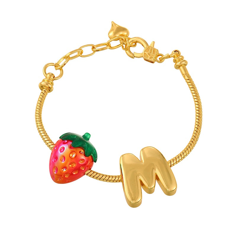 Gold Resin Strawberry Letter M Copper Bracelet