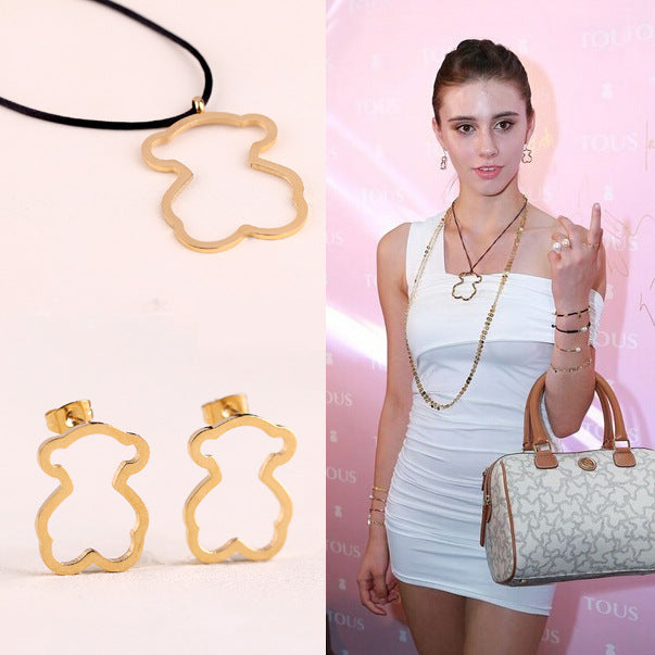 Gold Set 316 Stainless Steel Hollowed-out Bear Necklace And Earring Set