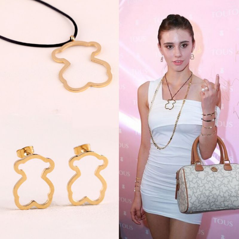Gold Set 316 Stainless Steel Hollowed-out Bear Necklace And Earring Set
