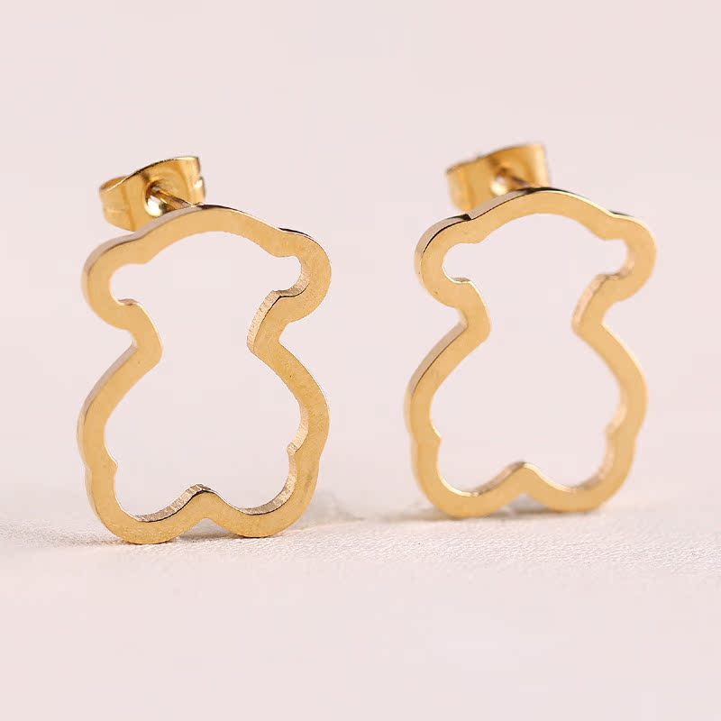 Gold Set 316 Stainless Steel Hollowed-out Bear Necklace And Earring Set