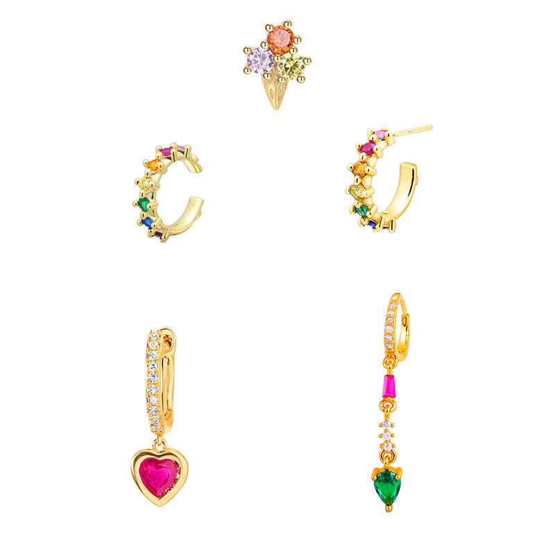 Gold Set Gold-plated Copper And Diamond-encrusted Heart Earring Set
