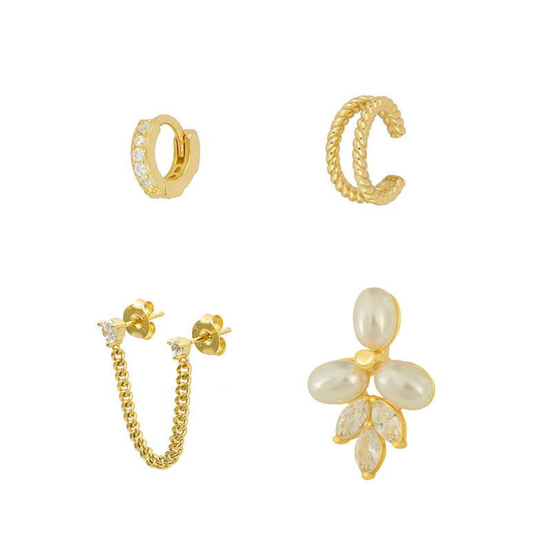Gold Set Gold-plated Copper And Diamond-encrusted Irregular Earring Set