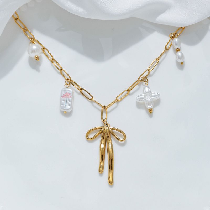 Gold Stainless Steel Bow Mother-of-pearl Flower Necklace