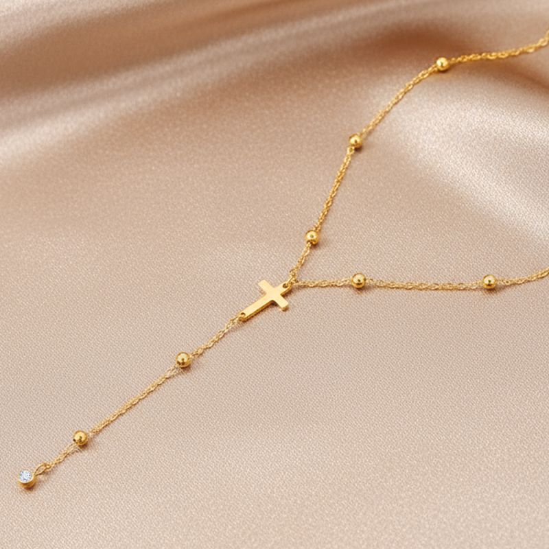 Gold Stainless Steel Cross Beaded Necklace