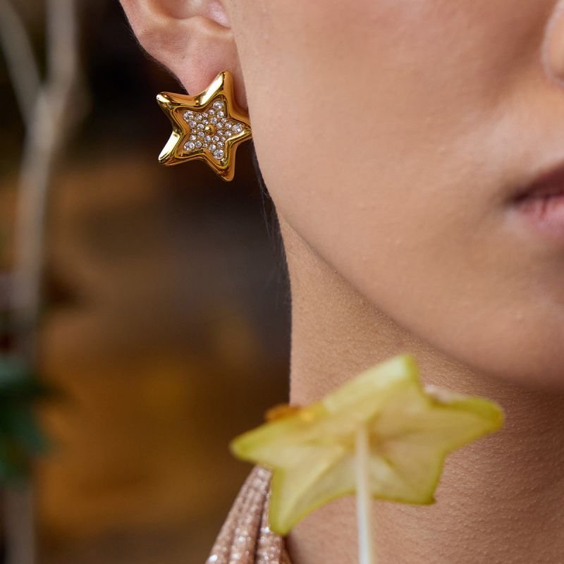 Gold Stainless Steel Diamond Five-pointed Star Earrings