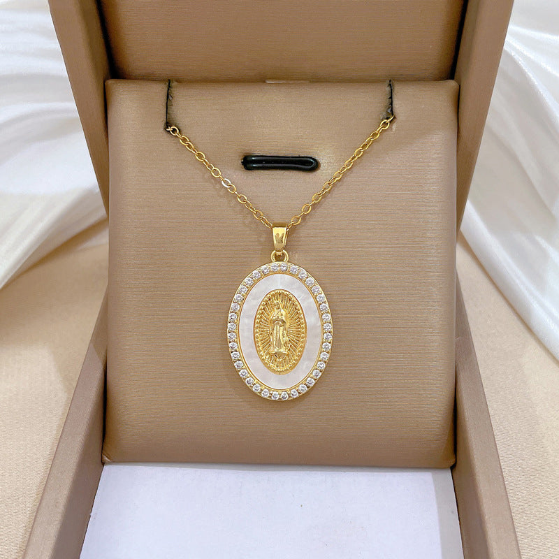 Gold Stainless Steel Diamond Portrait Oval Necklace