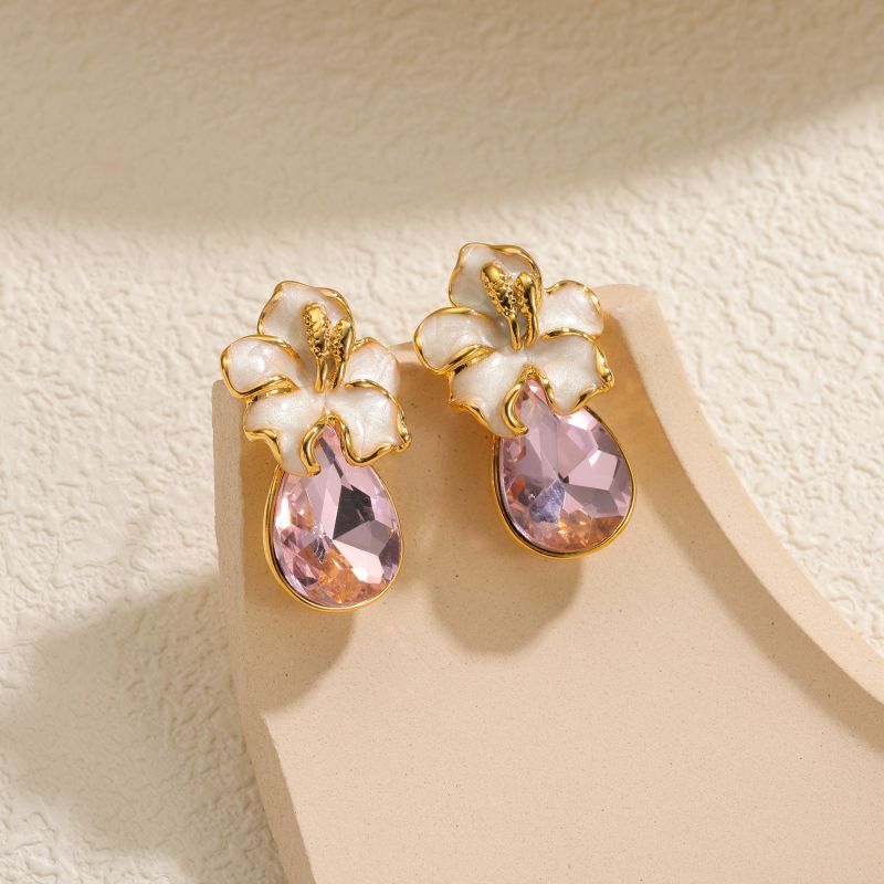 Gold Stainless Steel Diamond-encrusted Flower Teardrop-shaped Earrings