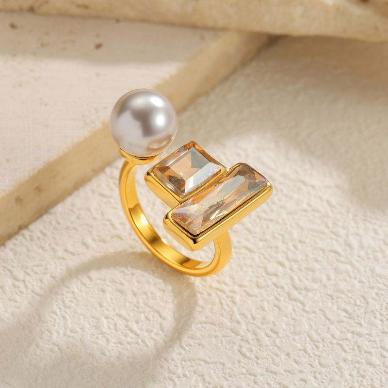 Gold Stainless Steel Diamond-encrusted Irregular Ring
