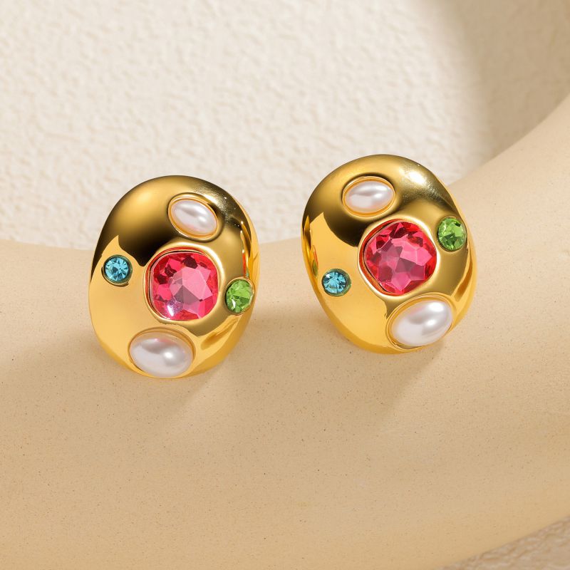 Gold Stainless Steel Diamond-encrusted Oval Earrings