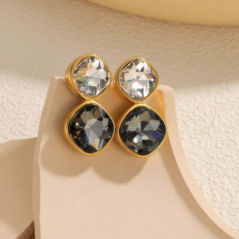 Gold Stainless Steel Diamond-encrusted Square Earrings