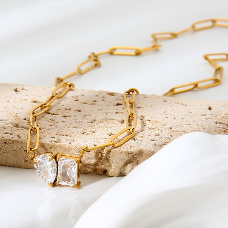 Gold Stainless Steel Diamond-encrusted Teardrop-shaped Square Necklace