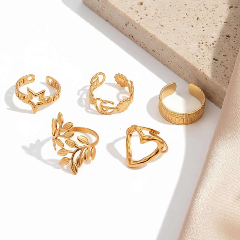 Gold Stainless Steel Five-pointed Star Heart And Leaf Ring Set