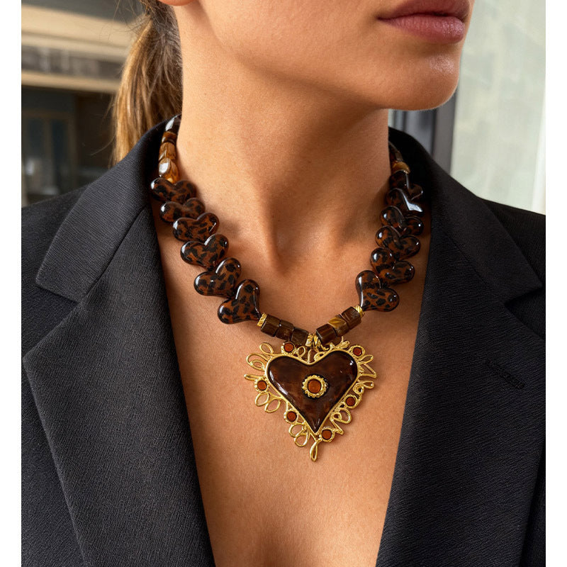 Gold Stainless Steel Heart Beaded Necklace