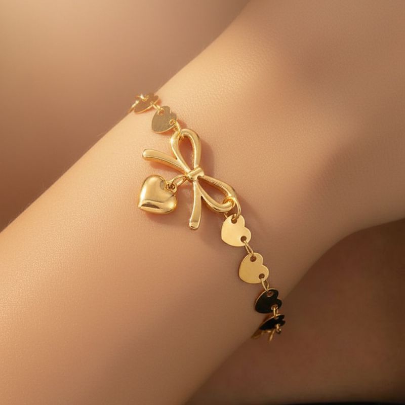 Gold Stainless Steel Heart Bow Bracelet