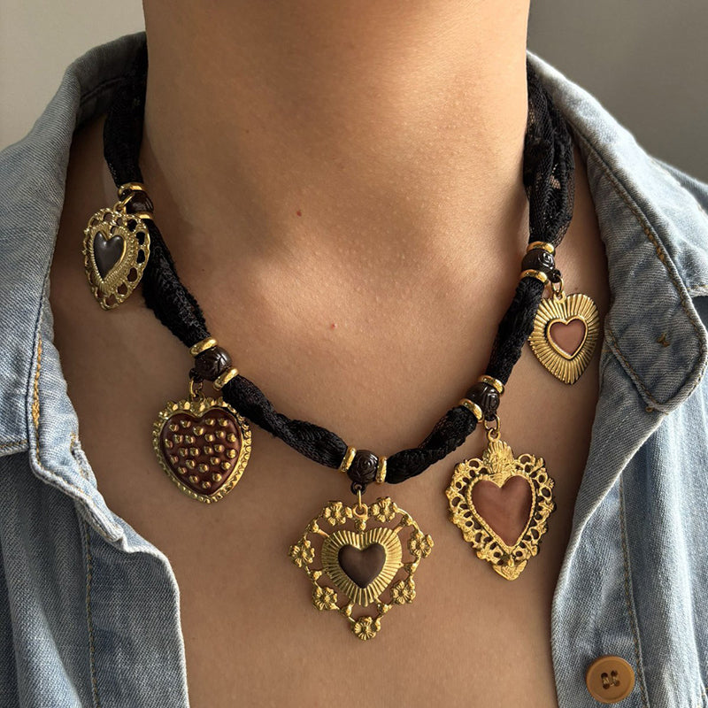 Gold Stainless Steel Heart Fabric Necklace