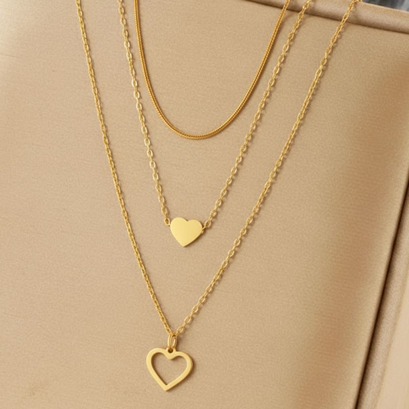 Gold Stainless Steel Heart Multi-layer Necklace