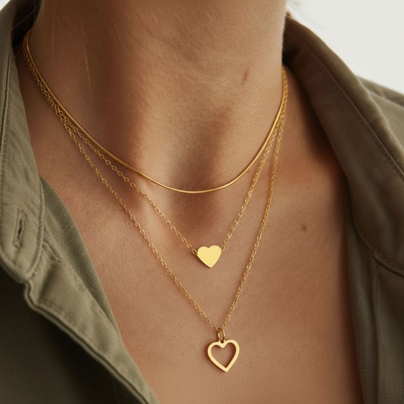 Gold Stainless Steel Heart Multi-layer Necklace
