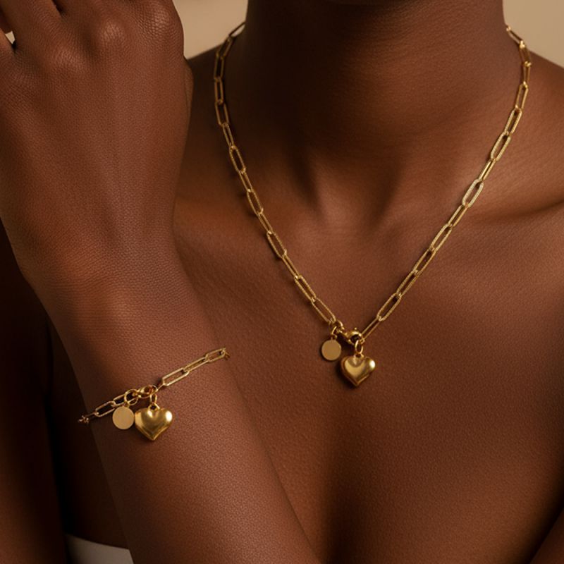 Gold Stainless Steel Heart Necklace And Bracelet Set