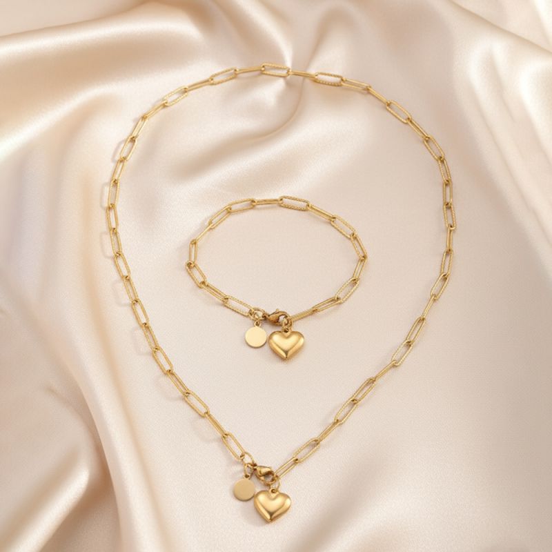 Gold Stainless Steel Heart Necklace And Bracelet Set