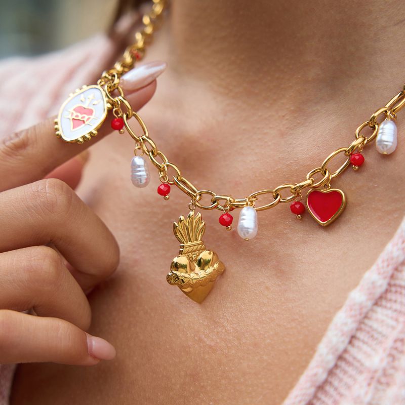 Gold Stainless Steel Heart Pearl Pendant Necklace
