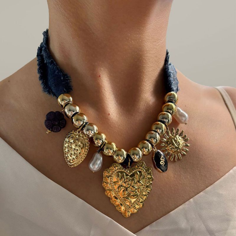 Gold Stainless Steel Heart Sun Denim Necklace