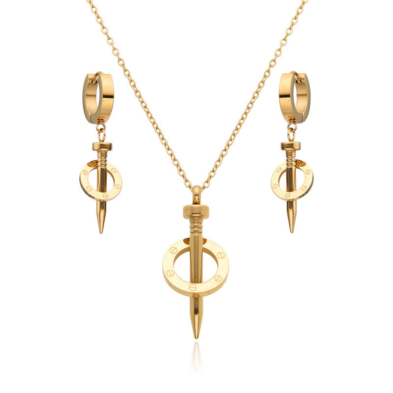 Gold Stainless Steel Nail Necklace And Earring Set