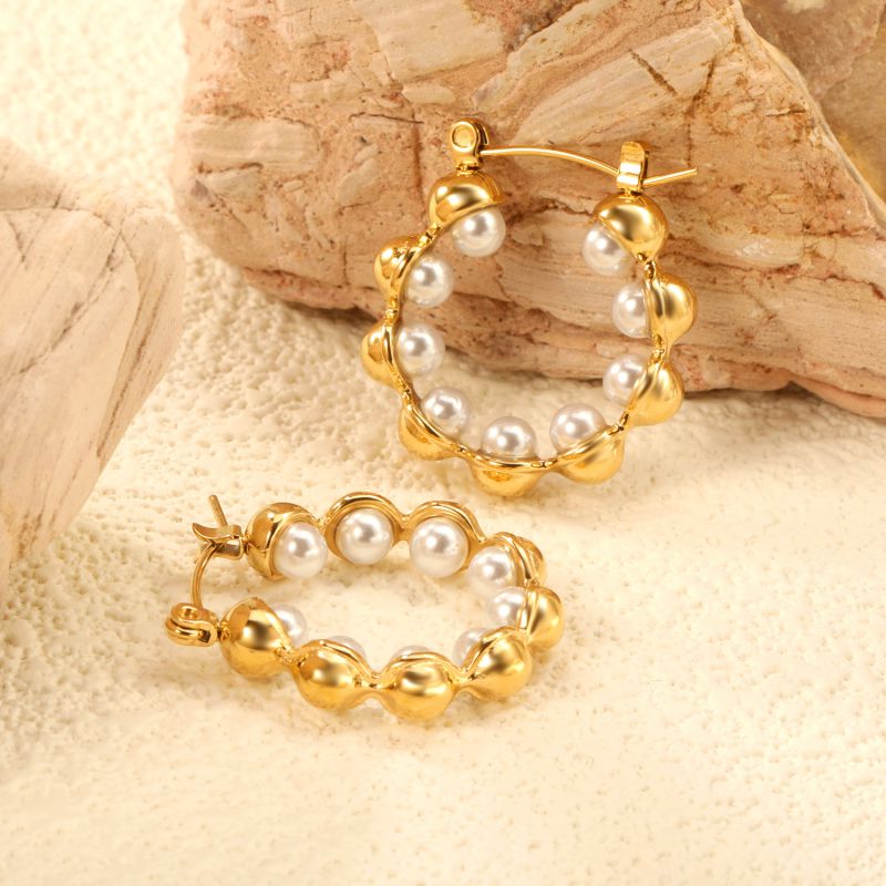 Gold Stainless Steel Pearl Round Earrings