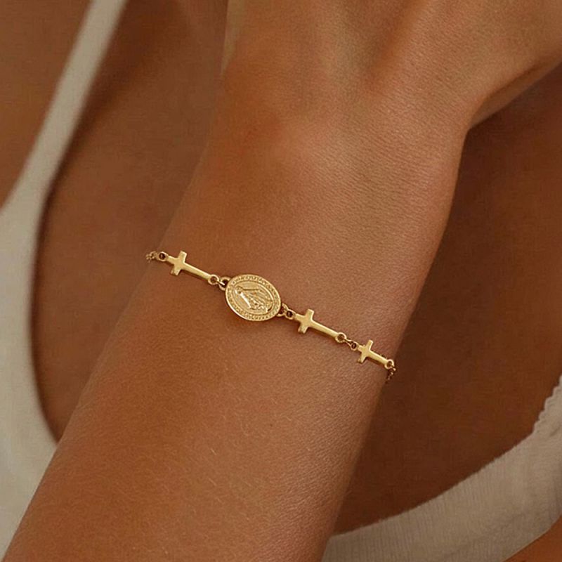 Gold Stainless Steel Portrait Cross Bracelet