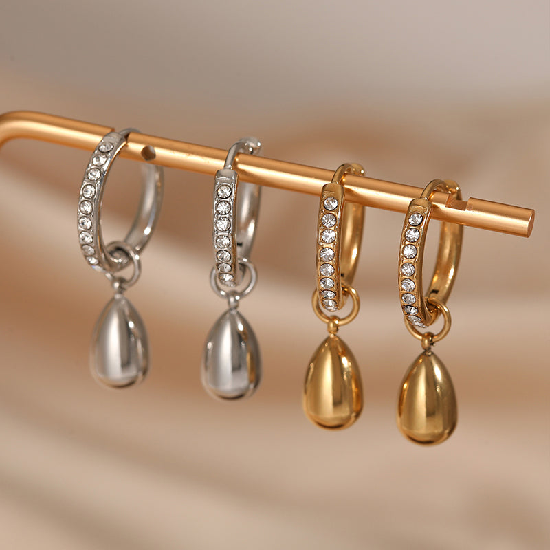 Gold Stainless Steel Teardrop-shaped Diamond-encrusted Hoop Earrings