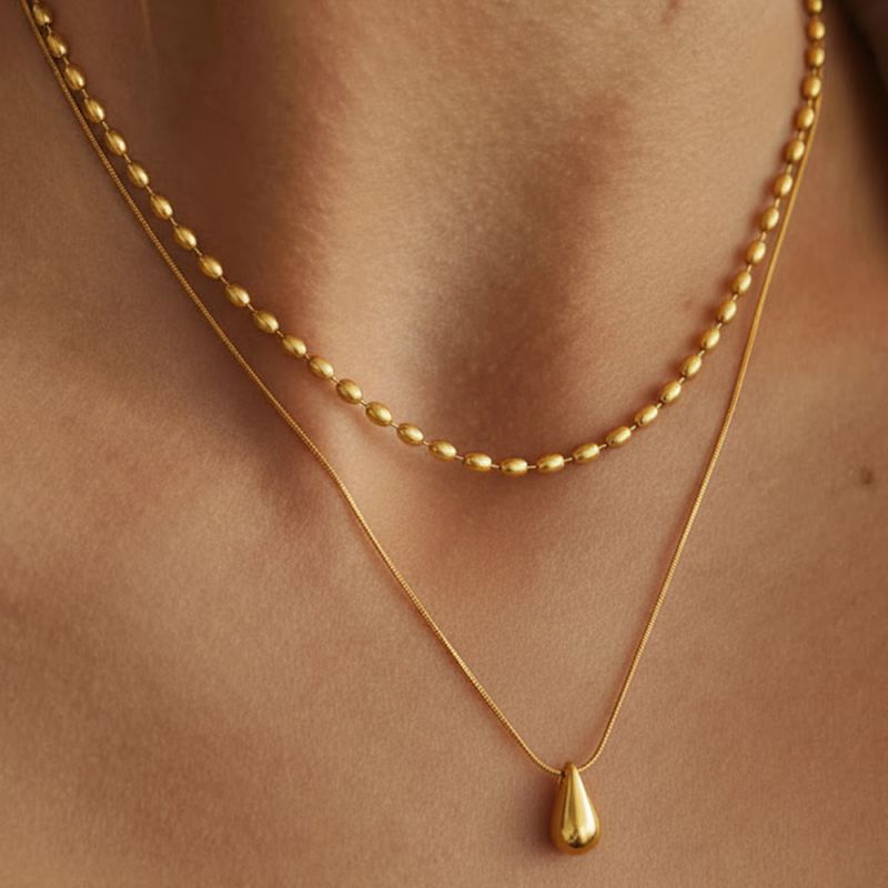 Gold Stainless Steel Teardrop-shaped Double-layer Necklace