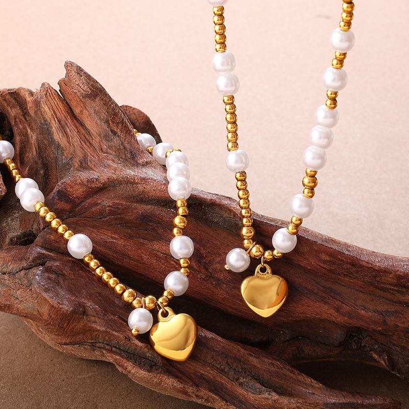 Gold Titanium Steel Beaded Heart Necklace