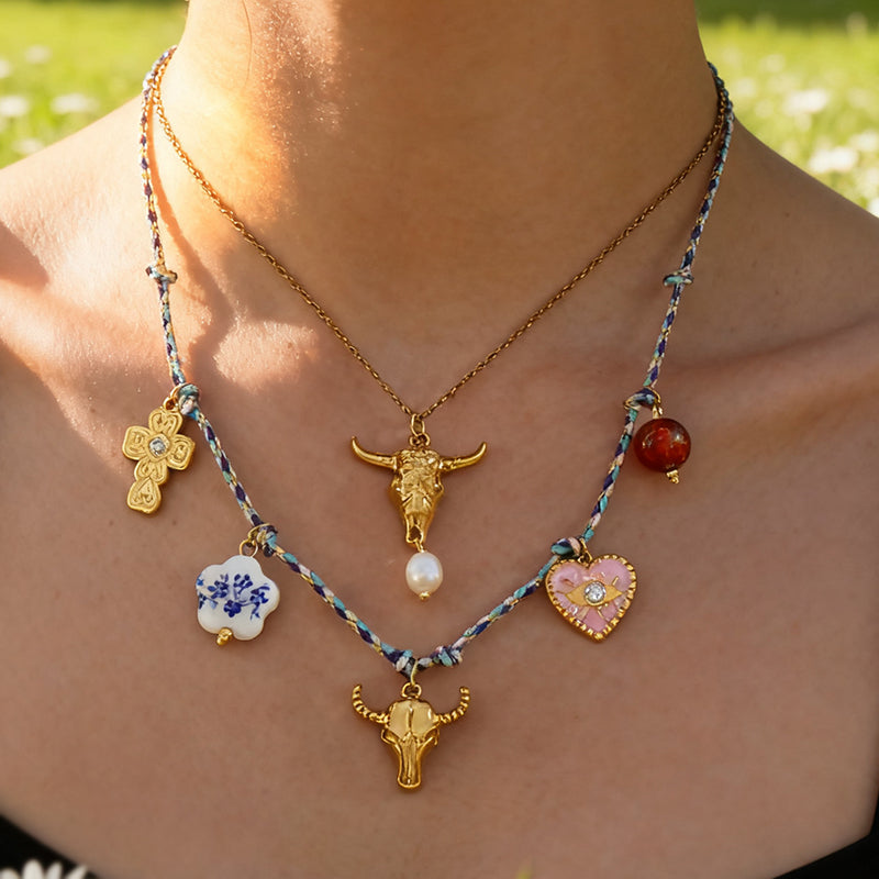 Gold Titanium Steel Bull Head Freshwater Pearl Necklace