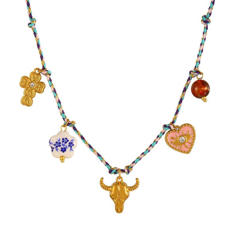 Gold Titanium Steel Bull Head Freshwater Pearl Necklace