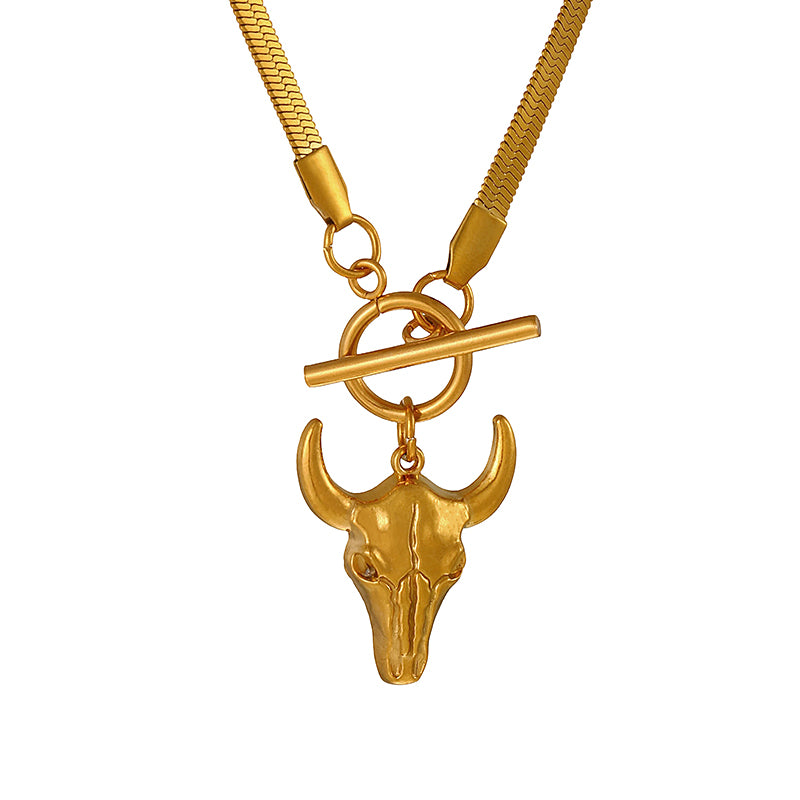 Gold Titanium Steel Bull's Head Ot Buckle Snake Bone Chain Necklace
